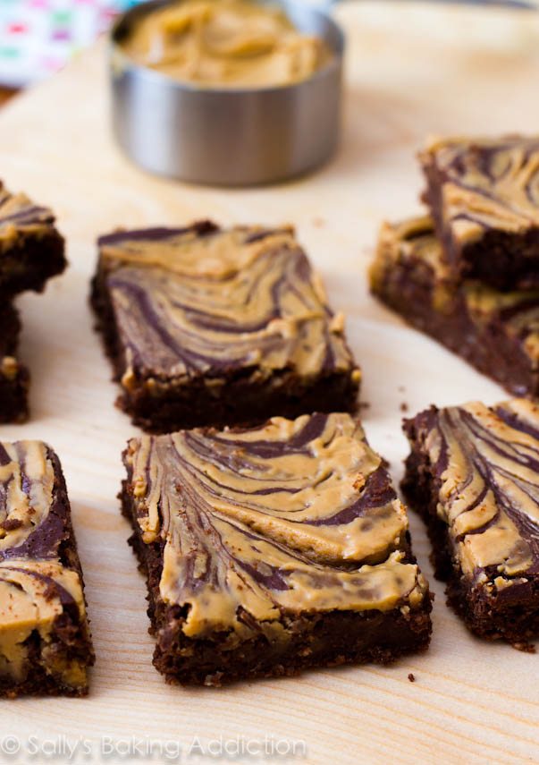 Skinny Peanut Butter Swirl Brownies! Gluten-free, made with whole-grain oats, no flour, no butter, no oil, and with a ton of sugar substitute suggestions!  These are so fudgy, you won't miss the unhealthy ingredients!