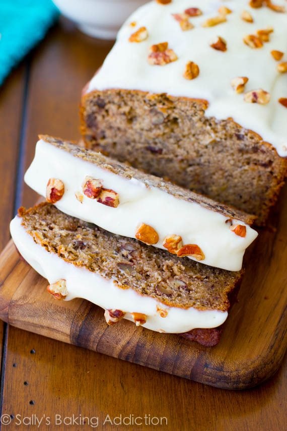 Best-Ever Banana Bread with Cream Cheese Frosting. 4 whole bananas, brown sugar, extra egg, and yogurt makes this banana bread super-moist and soft. Read more at sallysbakingaddiction.com