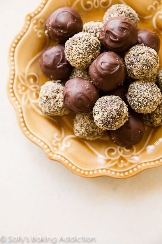 1 bowl coconut rum truffles! These are made with coconut rum, chocolate, honey, toasted pecans, and graham cracker crumbs. So easy!