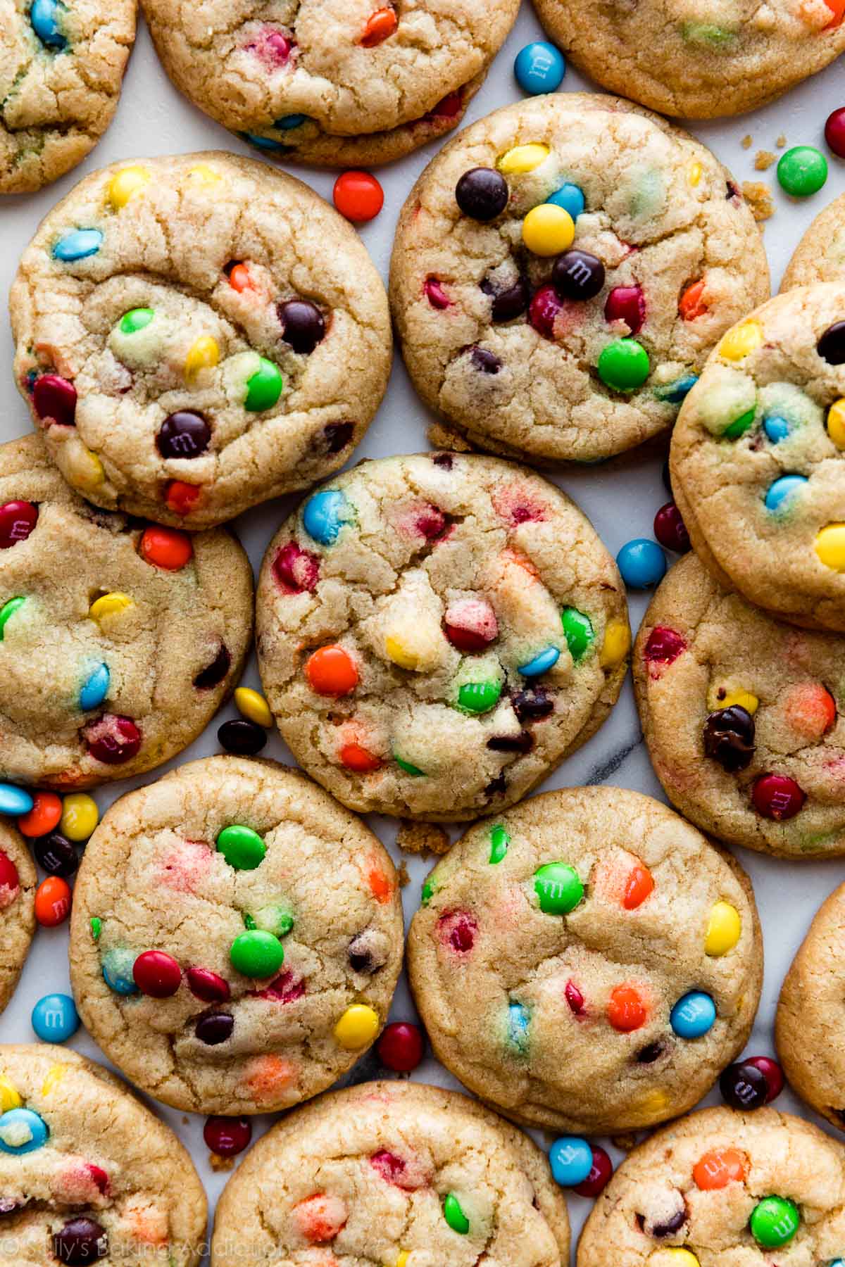 overhead photo of 16 M&M cookies