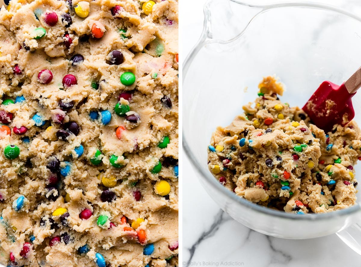 two side-by-side photos of m&m cookie dough