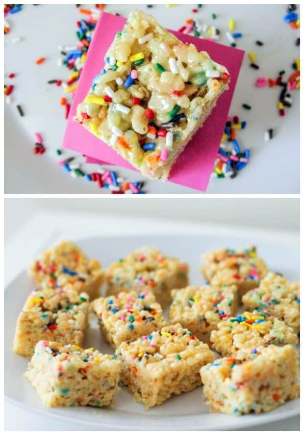 two pictures of cake batter rice krispie treats