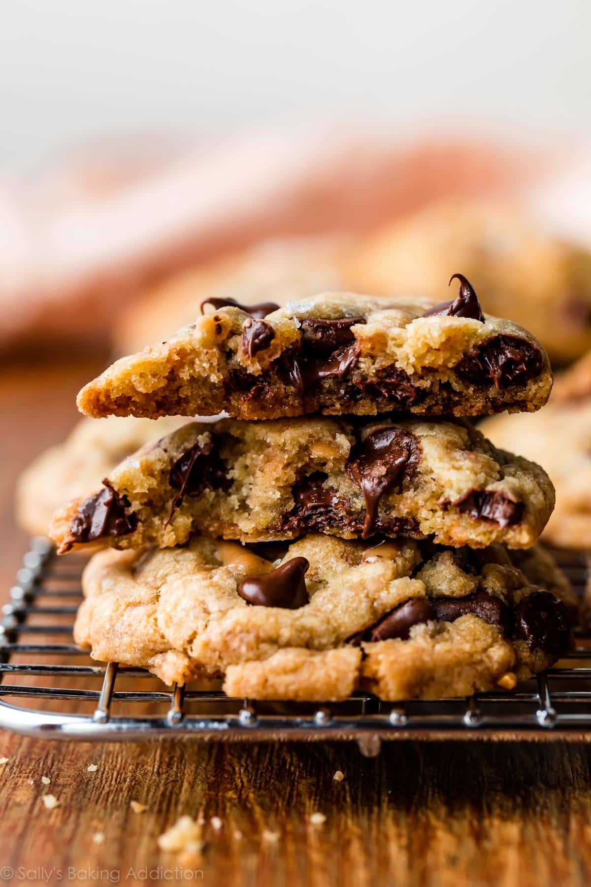 showing the center of brown butter toffee chocolate chip cookies