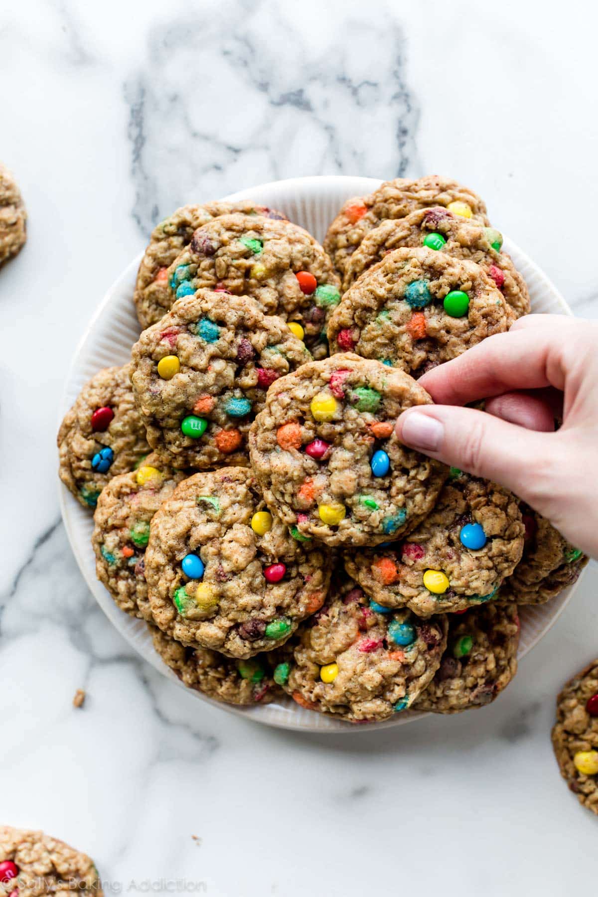 oatmeal M&M cookies on a white plate