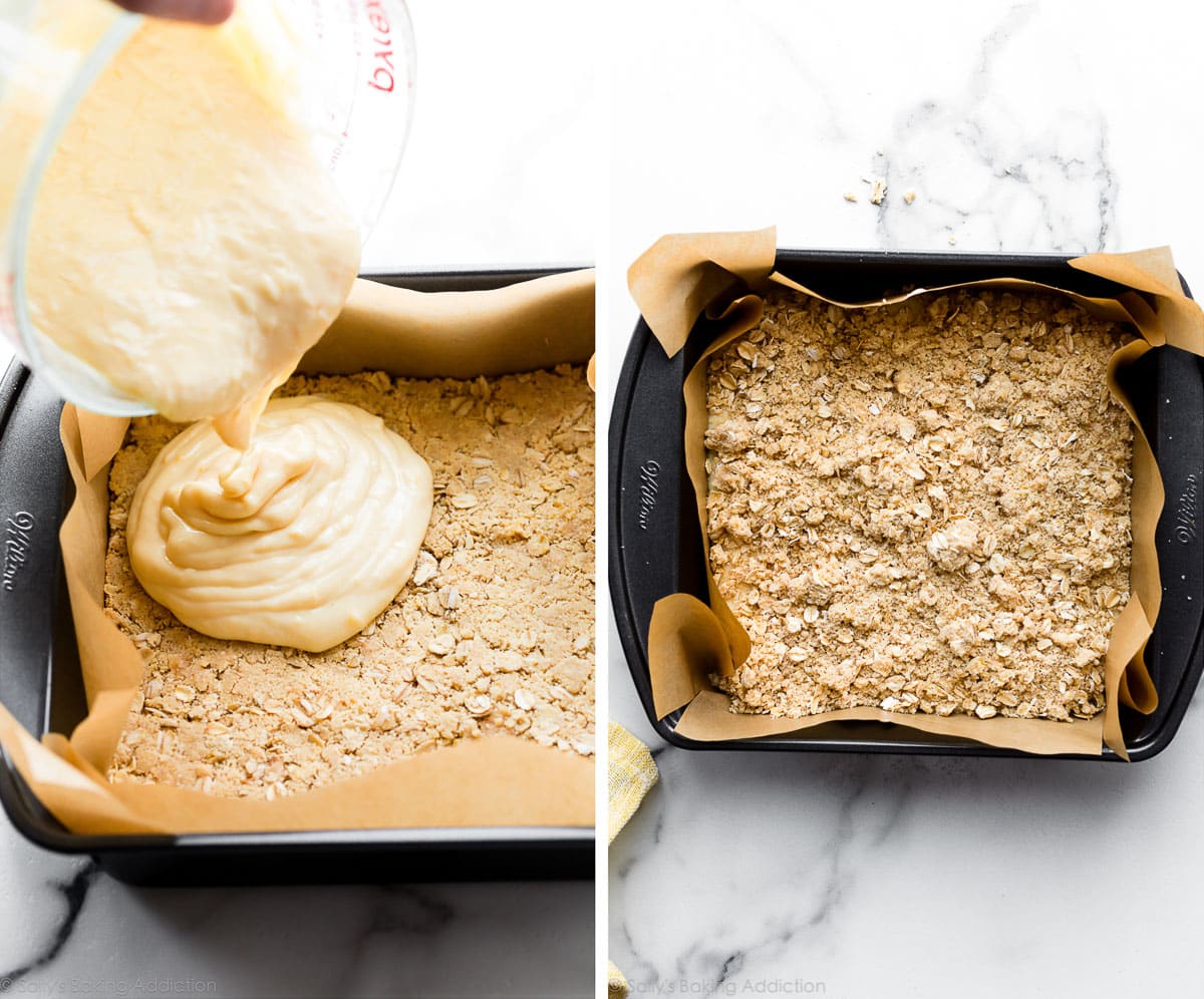 Pour the lemon filling over the crust and reappear with the crumbs of the top layer