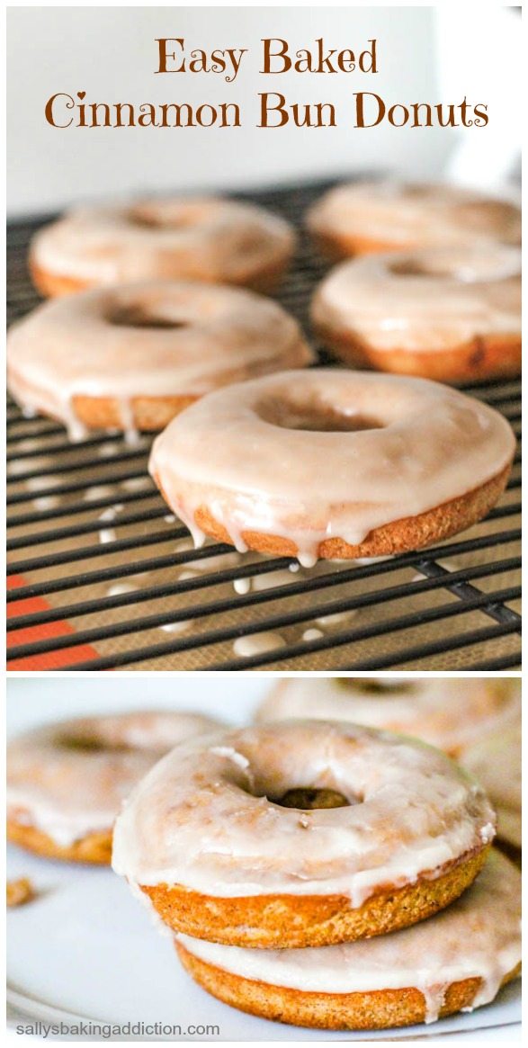 two pictures of baked cinnamon bun donuts