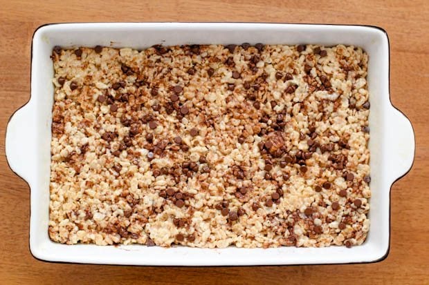 smore rice krispie treats in rectangle baking pan