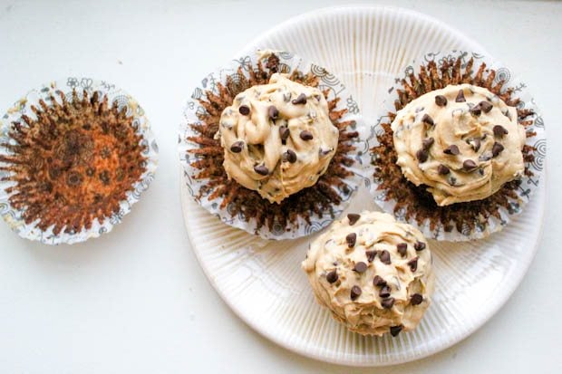 overview photo of brownie cupcakes with cookie dough frosting