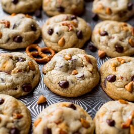 butterscotch pretzel chocolate chip cookies on a baking sheet