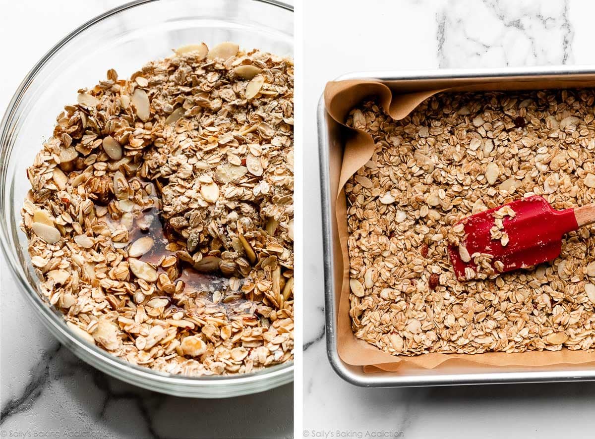 oats, sliced almonds, and maple syrup mixture in glass bowl and shown again pressed into lined baking pan.
