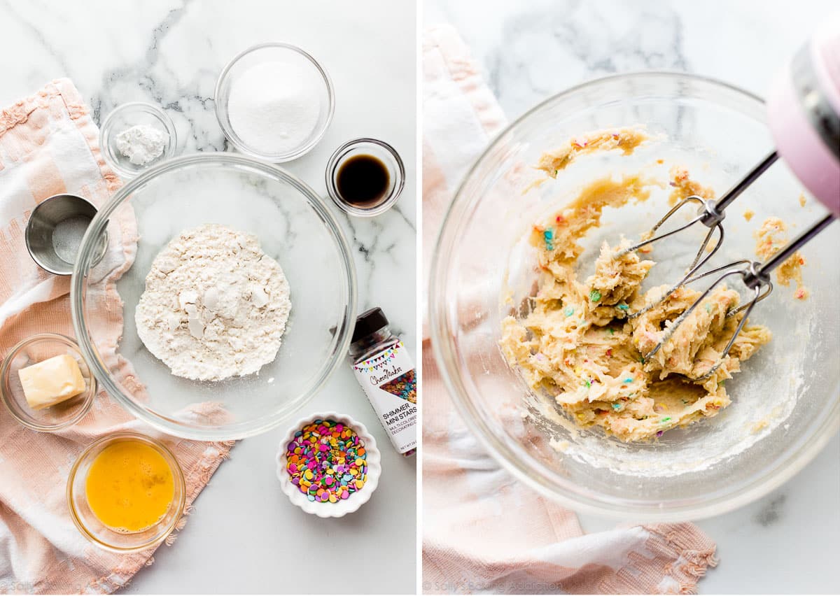 one photo showing various ingredients in bowls next to a photo of sugar cookie dough in a glass bowl