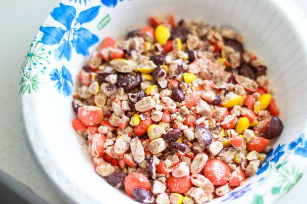 crushed Reese's Pieces candies in a bowl