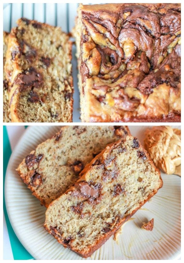 2 images of Nutella swirl peanut butter banana bread
