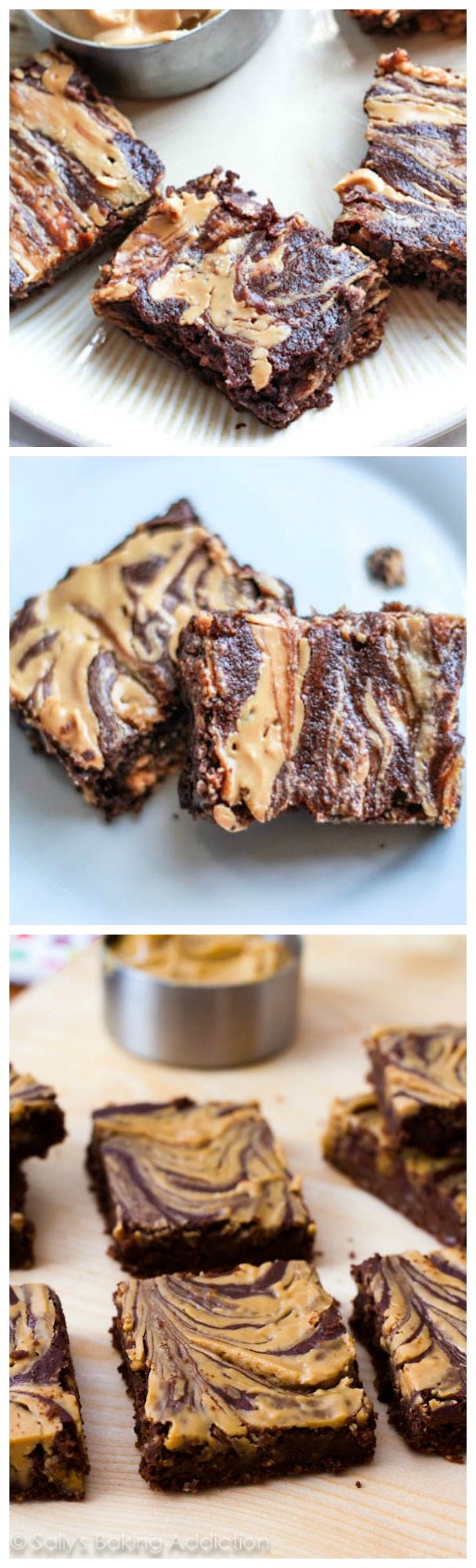 3 images of skinny peanut butter swirl brownies
