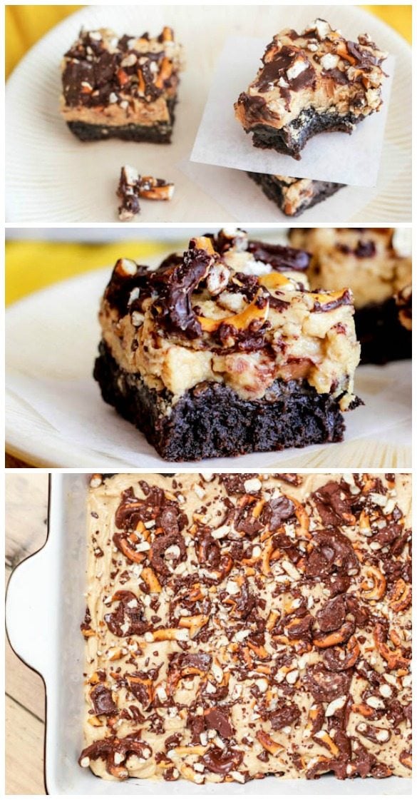 3 images of chocolate pretzel peanut butter brownies