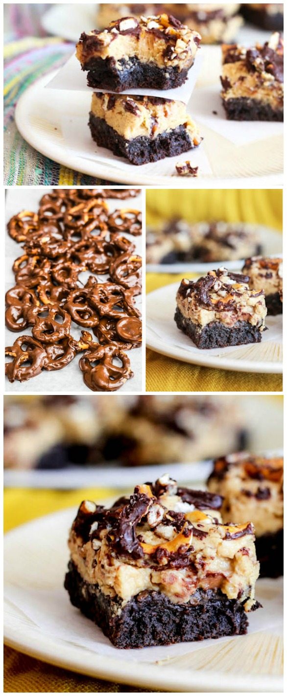 4 images of chocolate pretzel peanut butter brownies