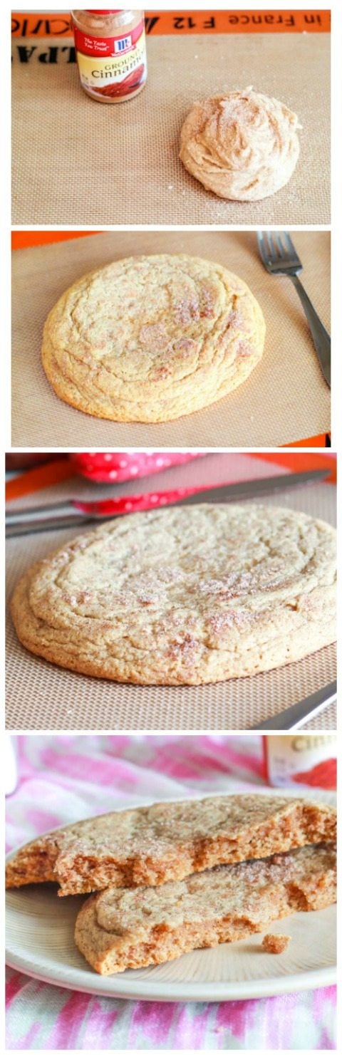 4 images of one giant snickerdoodle cookie