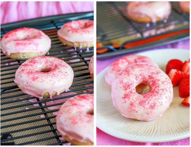 2 images of strawberry frosted donuts with pink sugar on a cooling rack and donuts on a cream plate with sliced strawberries