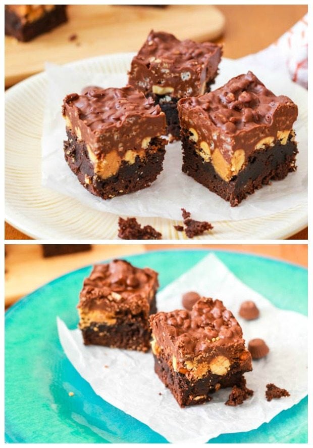 2 images of peanut butter cup crunch brownies