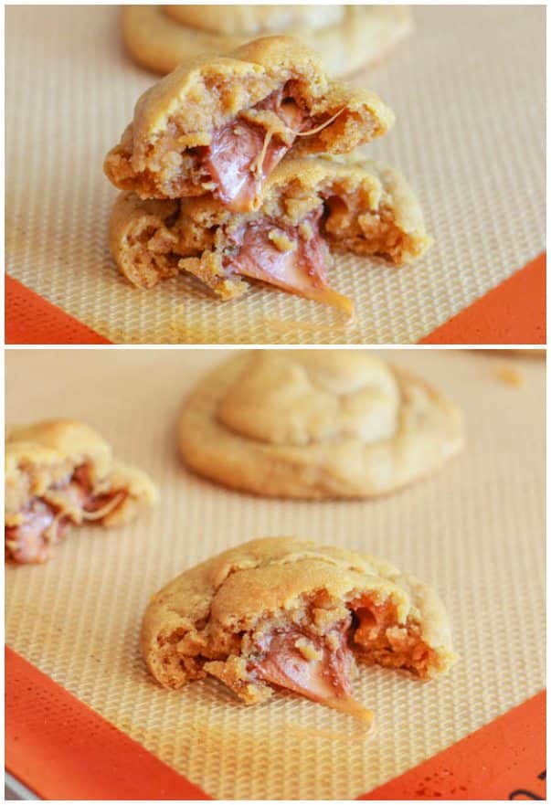 2 images of peanut butter cookies stuffed with Rolo candies on silpat baking mats