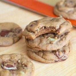 stack of Andes mint chocolate chunk cookies with a bite taken from one