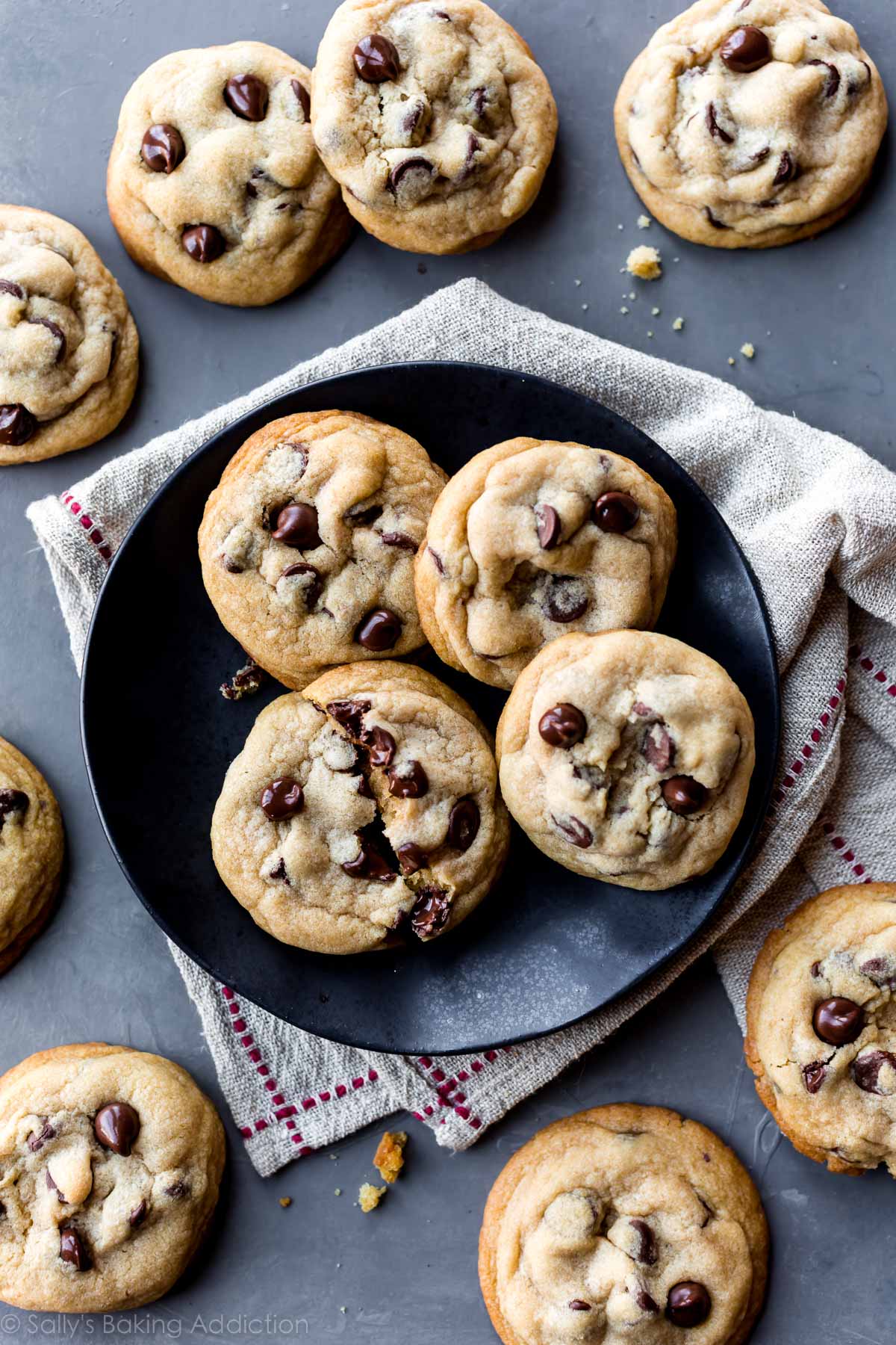 Chocolate chip cookies on black plate