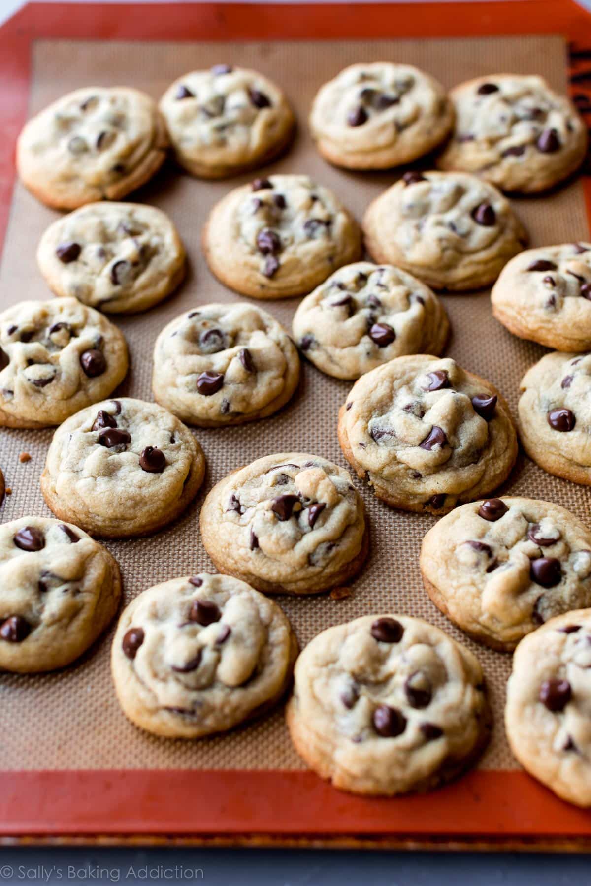 Warm chocolate chip cookies on silpat
