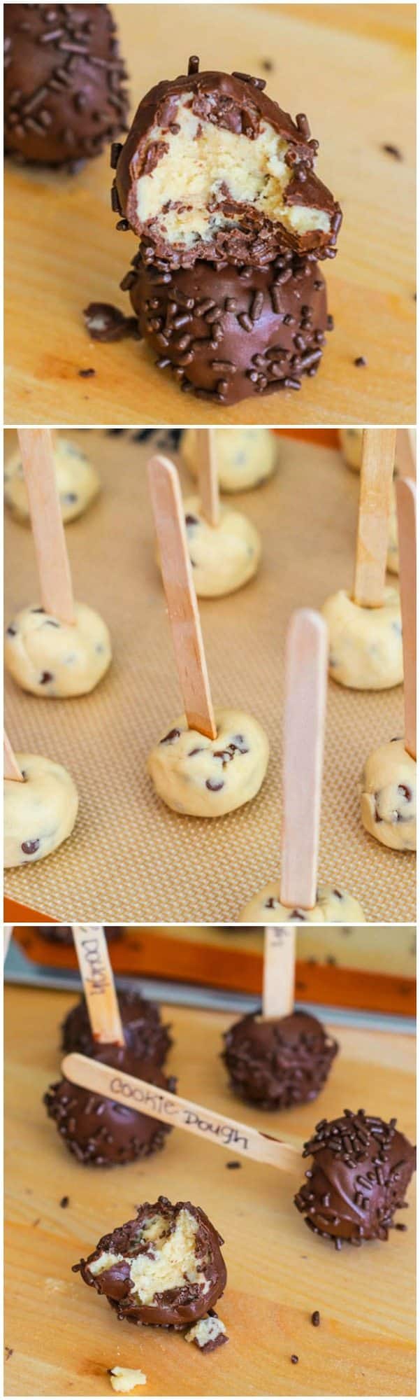 3 images of cookie dough covered in chocolate and sprinkles on a popsicle stick