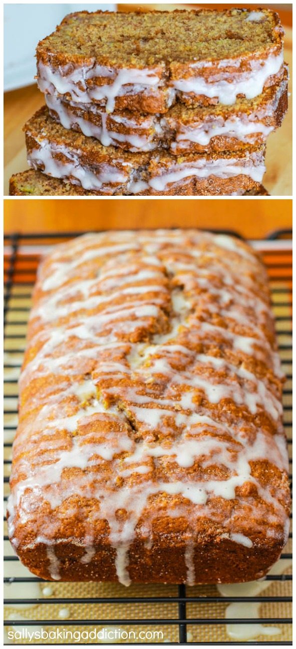 2 images of cinnamon swirl banana bread