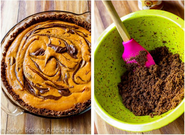 2 images of Nutella swirl pumpkin pie before baking and gingersnap crust mixture in a green bowl with a pink spatula