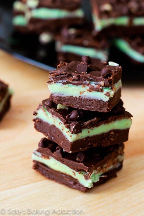 stack of squares of Andes mint chocolate chip fudge