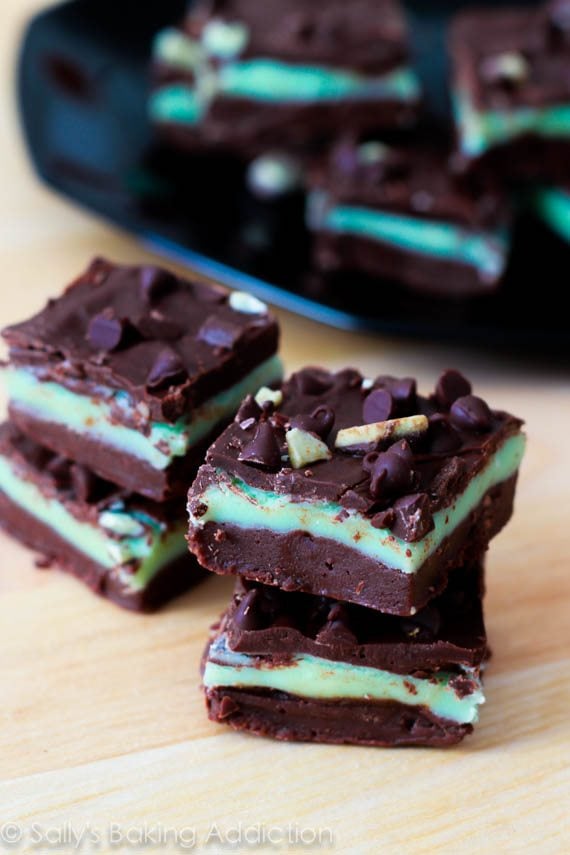 squares of Andes mint chocolate chip fudge