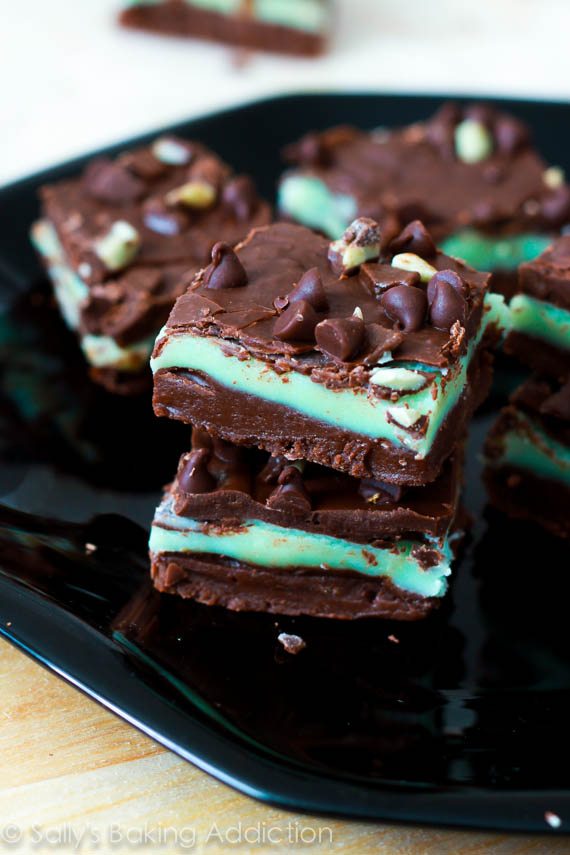 stack of squares of Andes mint chocolate chip fudge