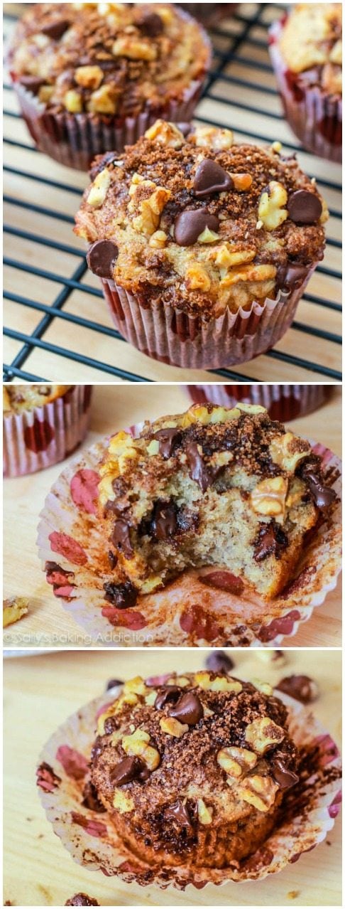 3 images of banana chocolate chip muffins with cinnamon streusel topping