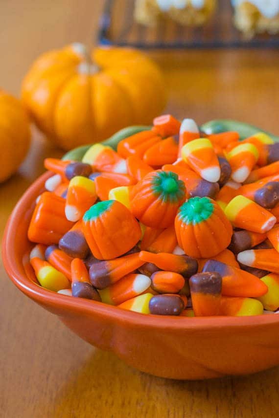 candy pumpkins and candy corn in a bowl
