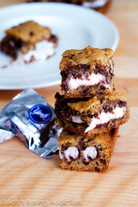 stack of chocolate chip cookie bars stuffed with York Peppermint Patties