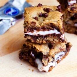 stack of 2 chocolate chip cookie bars stuffed with York Peppermint Patties