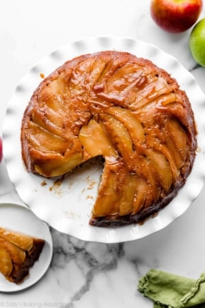 apple upside down cake with 1 slice removed