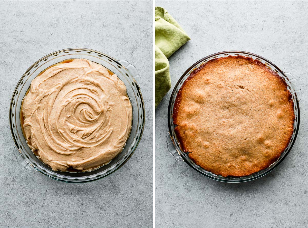 apple cake batter before and after baking