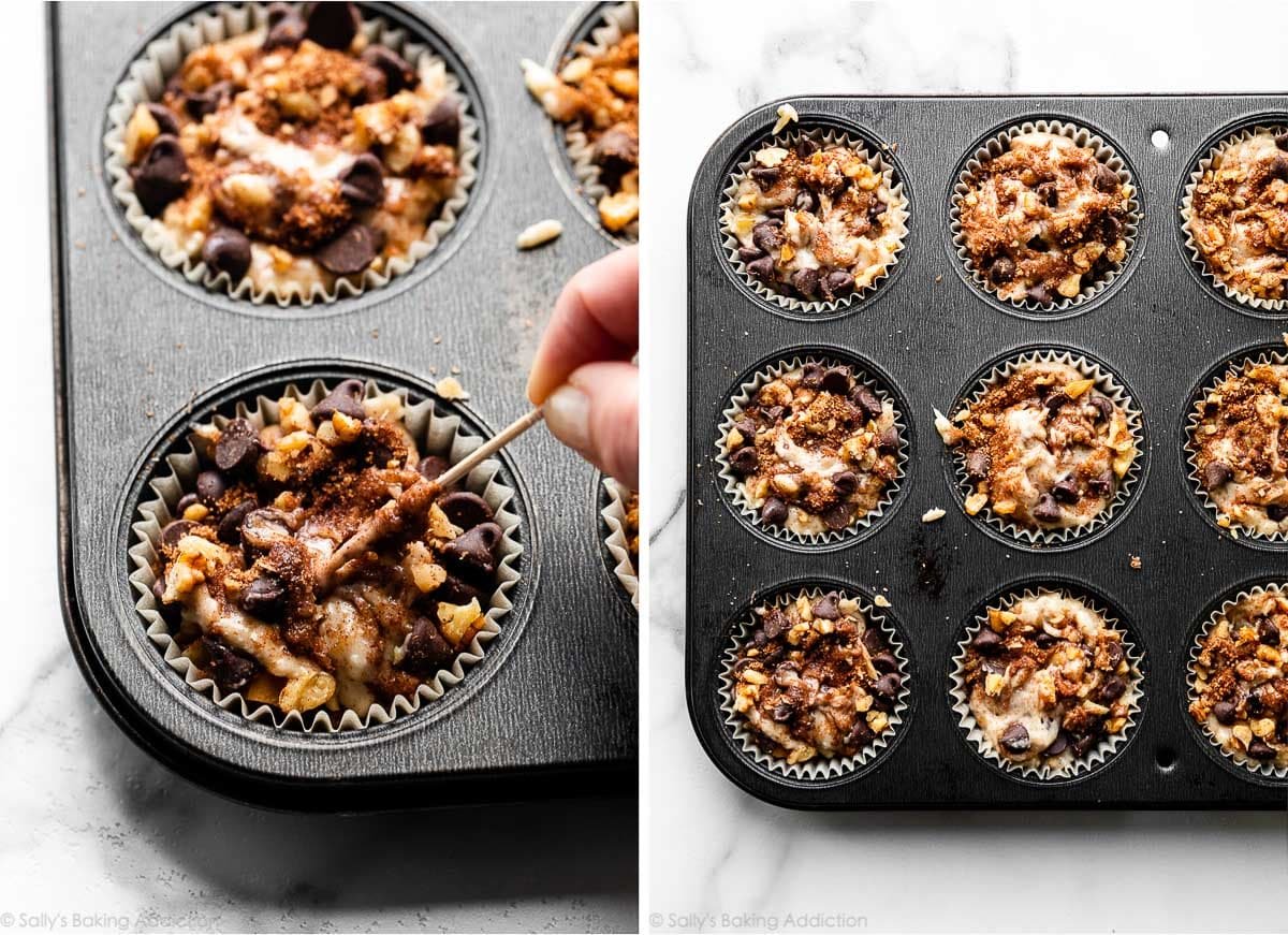 swirling cinnamon and chocolate chips into batter with toothpick and muffin pan shown with swirled batter ready for baking.