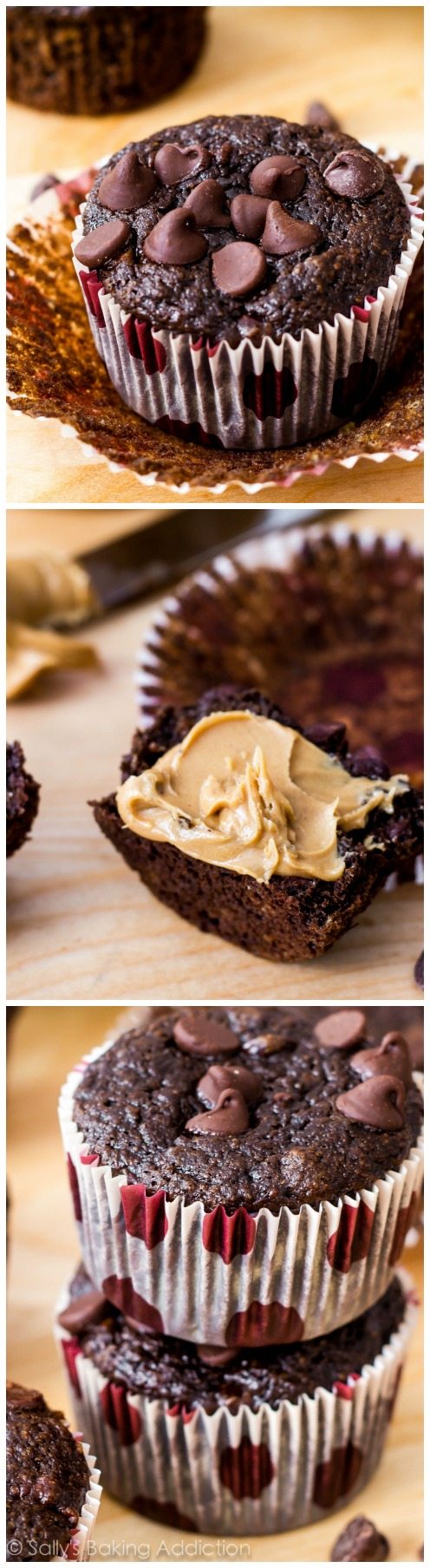 3 images of chocolate banana muffins