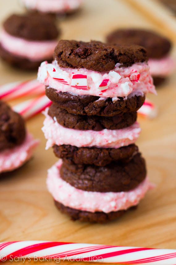 stack of chocolate fudge sandwich cookies filled with candy cane buttercream