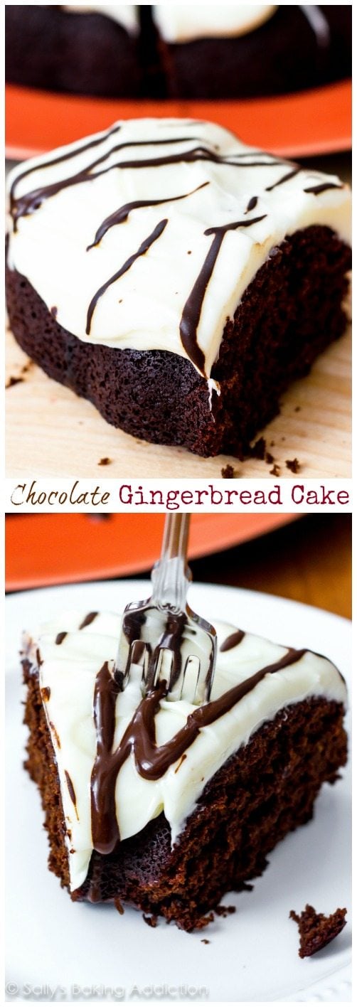 2 images of slices of chocolate gingerbread bundt cake topped with cream cheese frosting