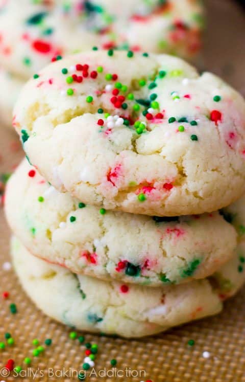 stack of christmas confetti cake mix cookies