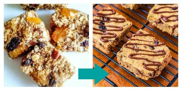 2 images of apricot granola bars and peanut butter chocolate granola bars