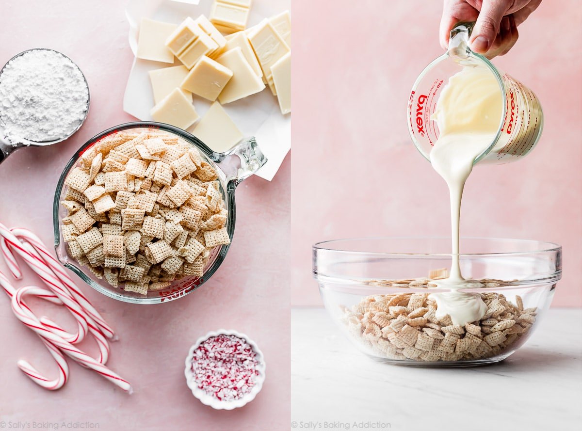candy cane chex mix ingredients and pouring white chocolate into bowl of candy cane chex mix