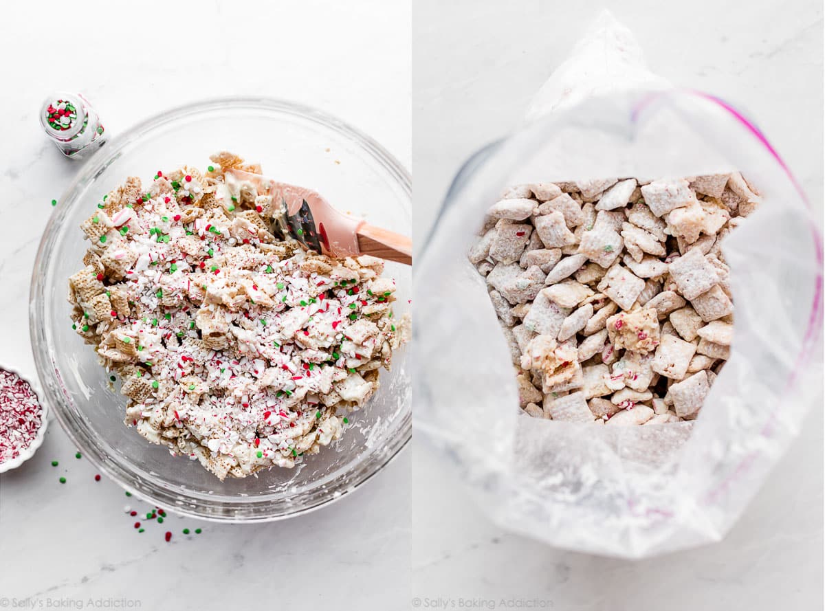 candy cane chex mix in a bowl and candy cane chex mix in a bag