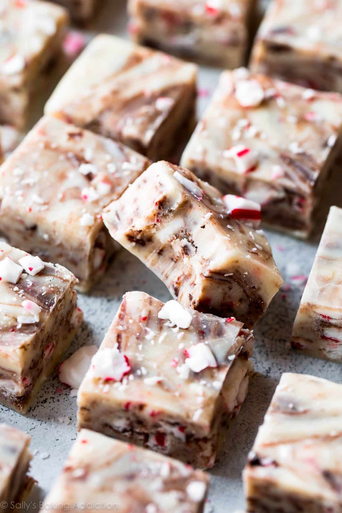 squares of candy cane chocolate swirl fudge