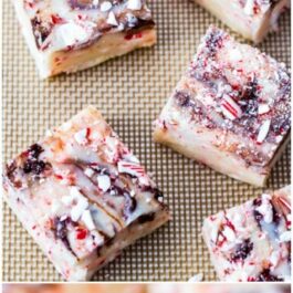 3 images of candy cane chocolate swirl fudge