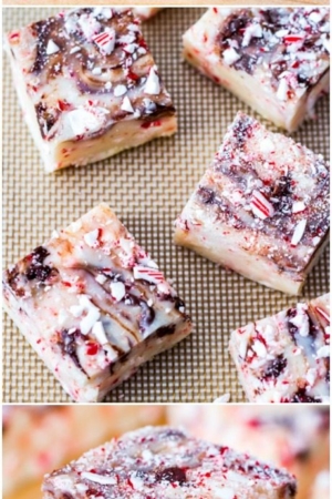 3 images of candy cane chocolate swirl fudge